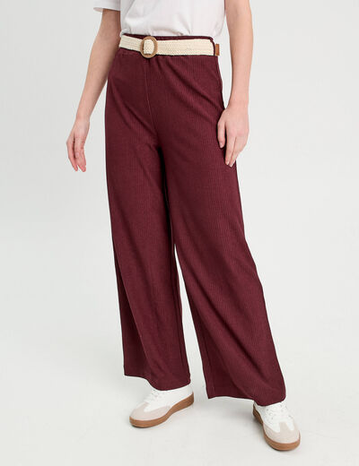 Pantalon large fluide ceinturé prune femme
