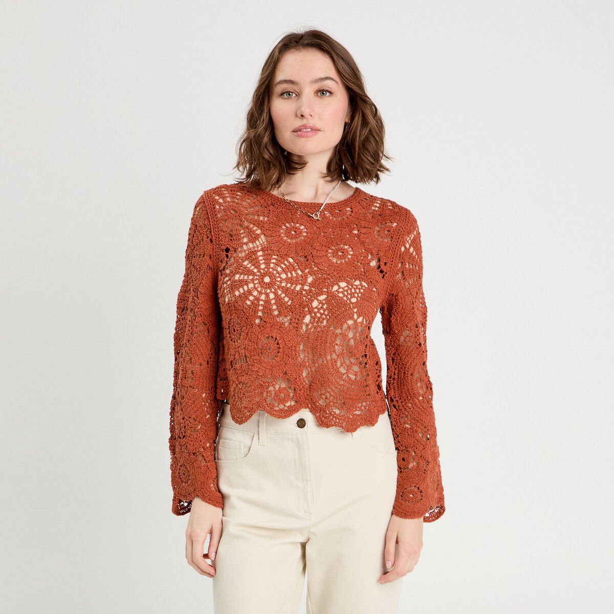 Pull ajouré effet crochet terracotta femme
