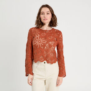 Pull ajouré effet crochet terracotta femme