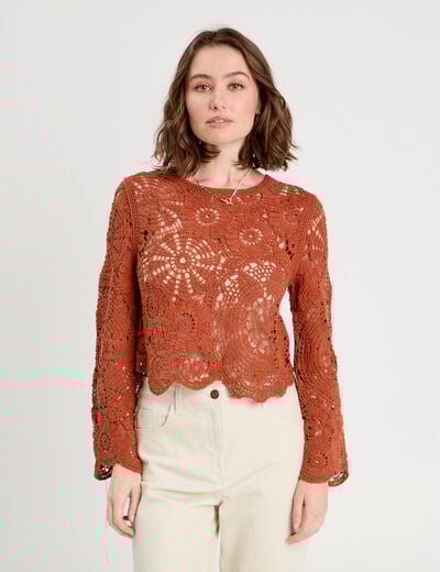 Pull ajouré effet crochet terracotta femme