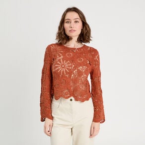 pull ajoure effet crochet terracotta femme Pull ajouré effet crochet terracotta femme