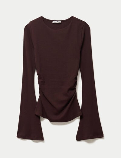 T-shirt ajust&eacute; col rond manches longues marron fonc&eacute; femme