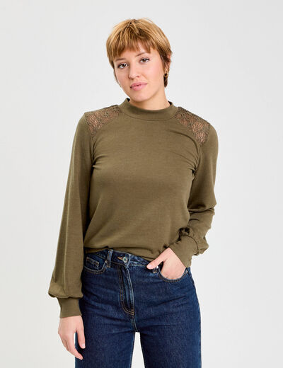 T-shirt manches longues d&eacute;tails ajour&eacute;s vert kaki femme