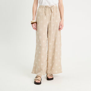 pantalon large brode taupe femme Pantalon large brodé taupe femme
