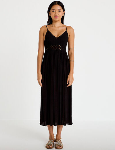 Robe longue bi-mati&egrave;re col v noir femme