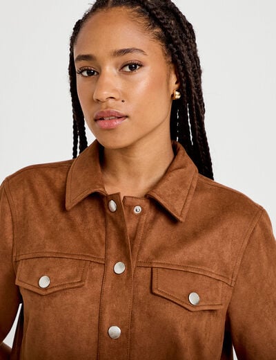 Robe droite 3/4 manches courtes daim marron femme