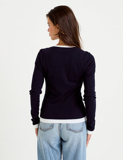 T-shirt 2-en-1 col rond manches longues bleu marine femme