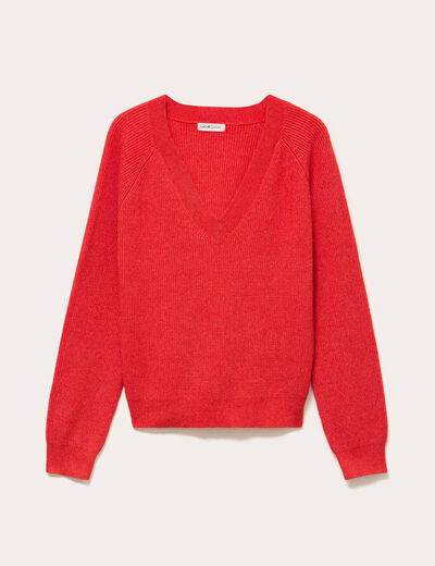 Pull fin col v rouge femme