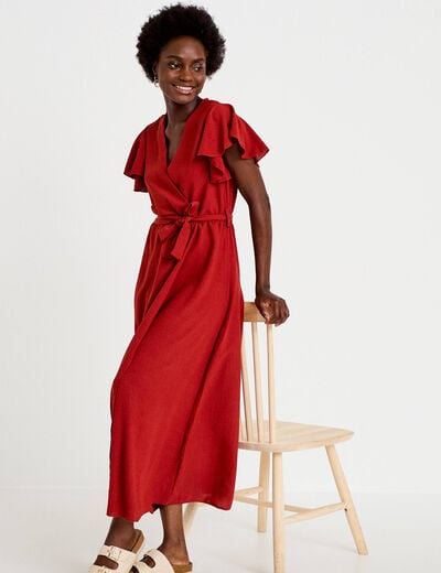 Robe longue &eacute;vas&eacute;e manches courtes orange fonc&eacute; femme