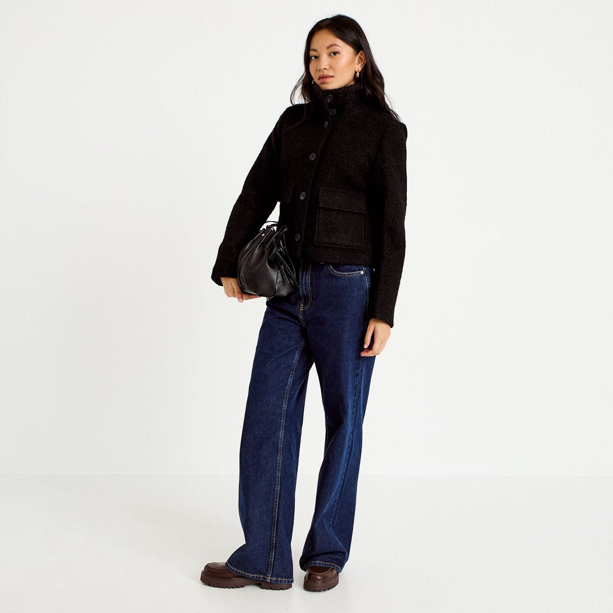Veste droite bouclette col montant noir femme