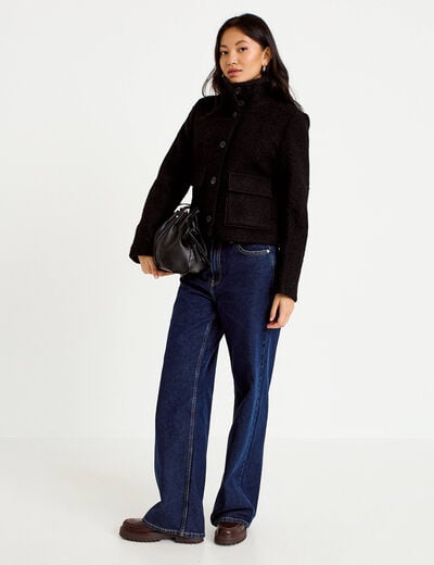 Veste droite bouclette col montant noir femme