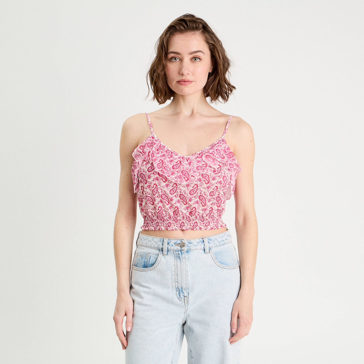 Débardeur cropped volants blanc femme