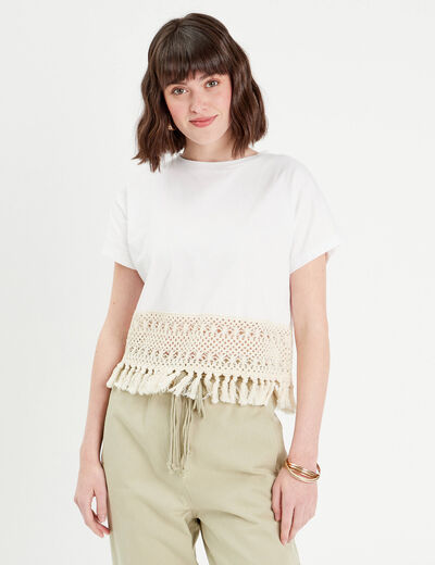 T-shirt franges crochet ecru femme