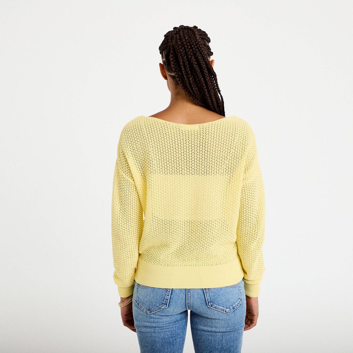 Pull ample ajour&eacute; manches longues jaune pastel femme