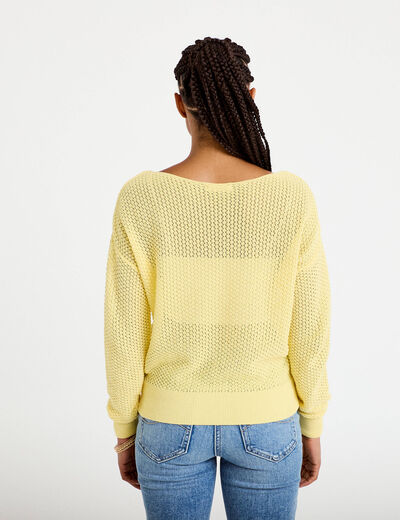 Pull ample ajour&eacute; manches longues jaune pastel femme