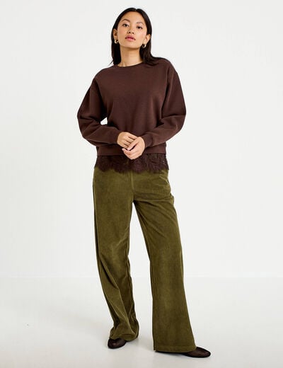 Pantalon bootcut taille standard velours vert kaki femme