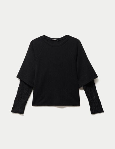 Top bi-mati&egrave;re dentelle col rond noir femme