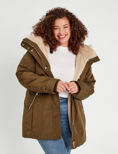 Parka droite avec capuche vert kaki femme