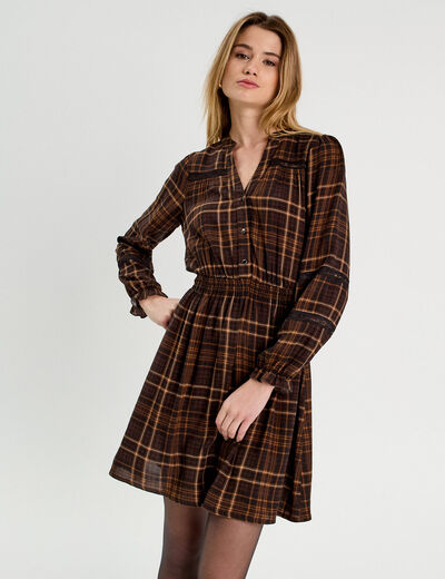 Robe évasée détails dentelle marron foncé femme
