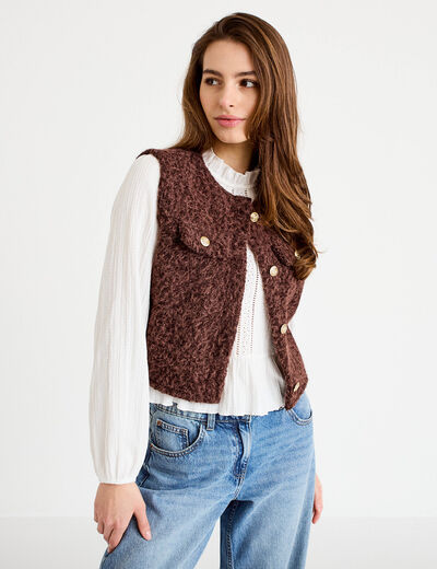 Veste sans manches col rond marron fonc&eacute; femme
