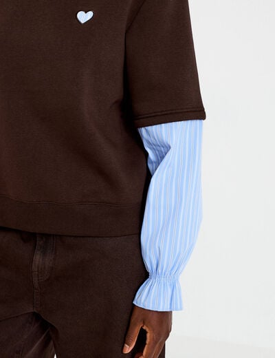 Sweat bi-mati&egrave;re manches longues marron fonc&eacute; femme