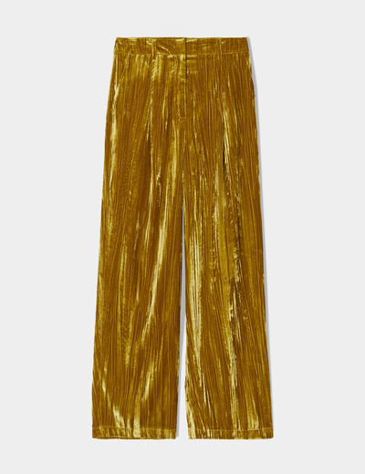 Pantalon large fluide velours vert olive femme
