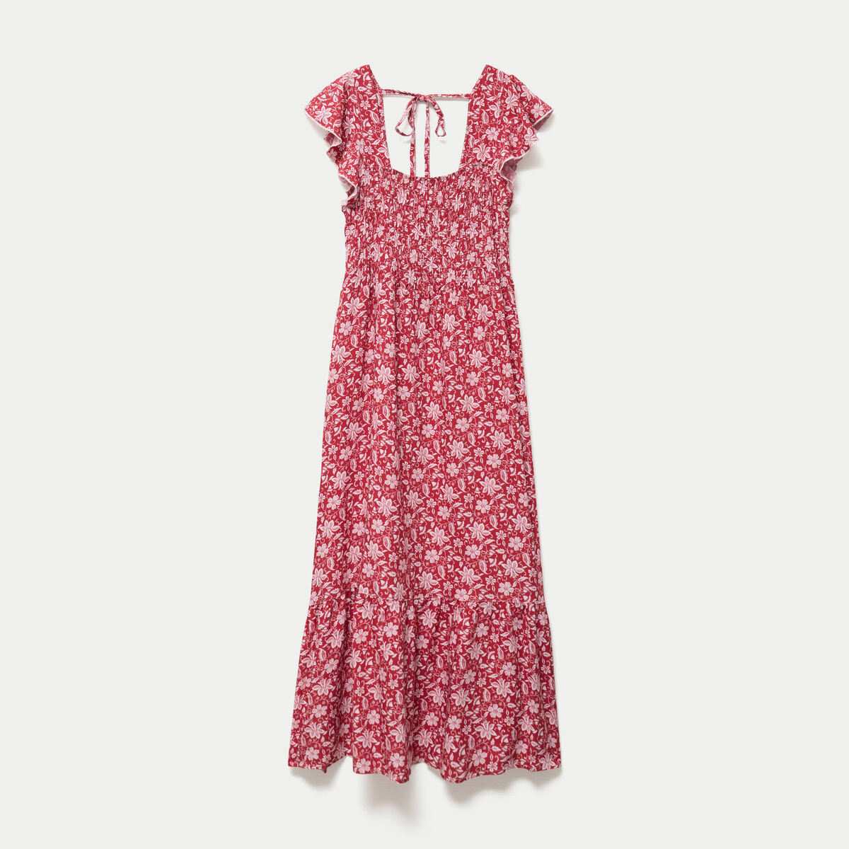 Robe longue &eacute;vas&eacute;e smock&eacute;e rouge femme