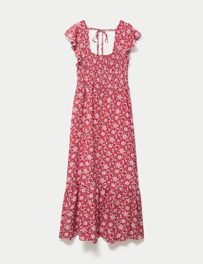 Robe longue &eacute;vas&eacute;e smock&eacute;e rouge femme