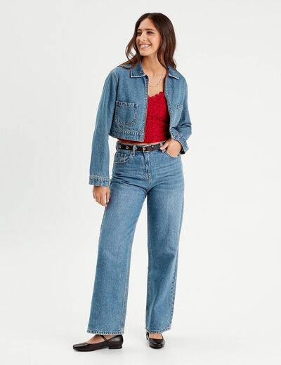 Veste courte zippée en jean denim stone femme