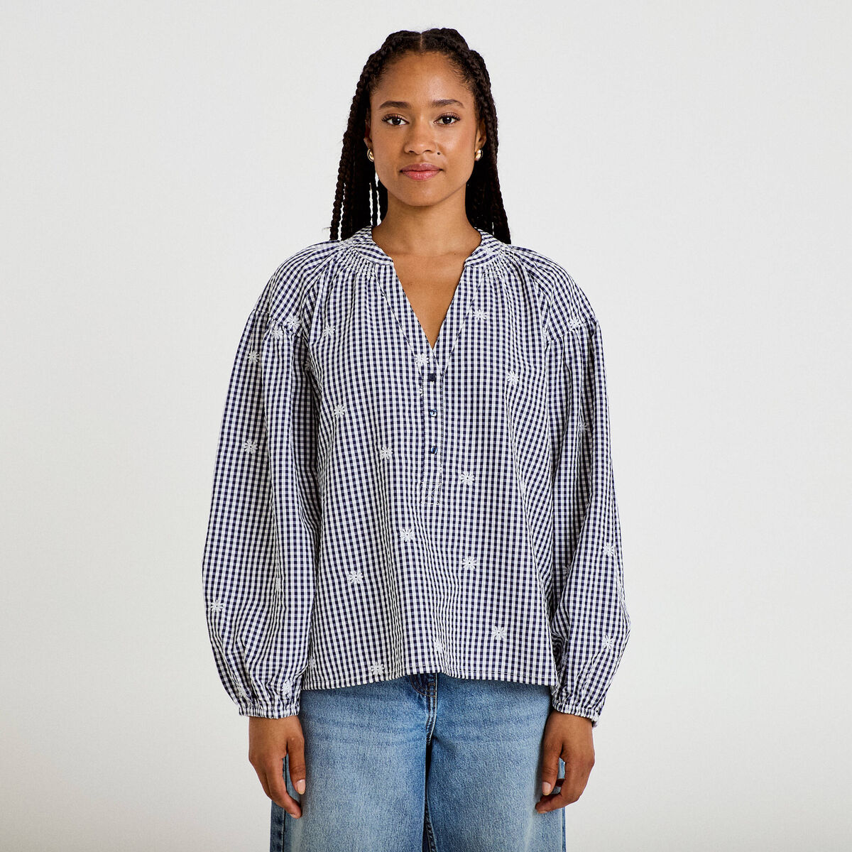Blouse vichy brod&eacute;e bleu femme