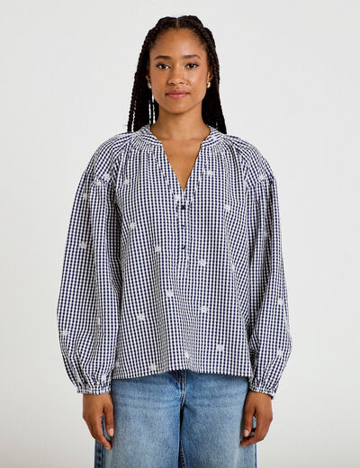 Blouse vichy brod&eacute;e bleu femme