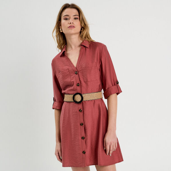 robe chemise trapeze ceinturee vieux rose femme Robe chemise trapèze ceinturée vieux rose femme