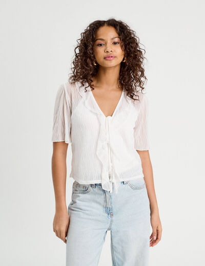 Blouse nouée avec volants ecru femme
