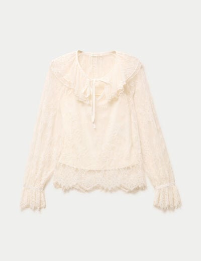 Blouse manches longues en dentelle ecru femme