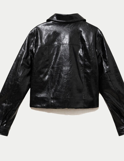 Veste droite cropped en similicuir noir femme