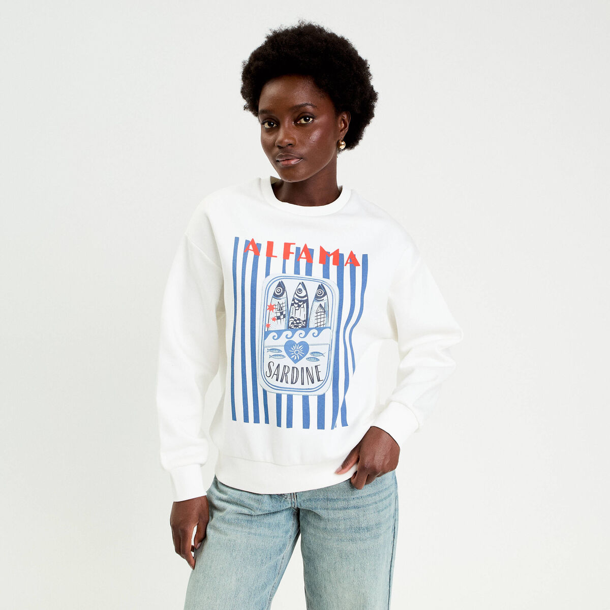 Sweat col rond manches longues ecru femme