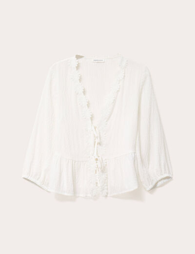 Blouse droite courte col v manches 3/4 blanc femme