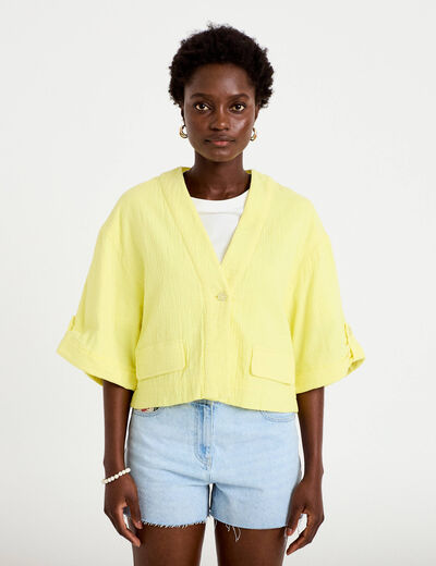 Veste ample pliss&eacute;e manches 3/4 jaune citron femme