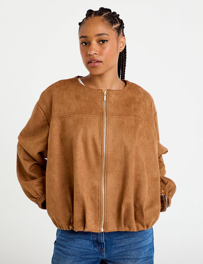 Veste oversize effet boule aspect daim camel femme