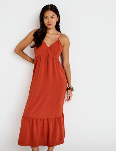 Robe d&eacute;collet&eacute; bretelles &eacute;vas&eacute;e orange fonc&eacute; femme