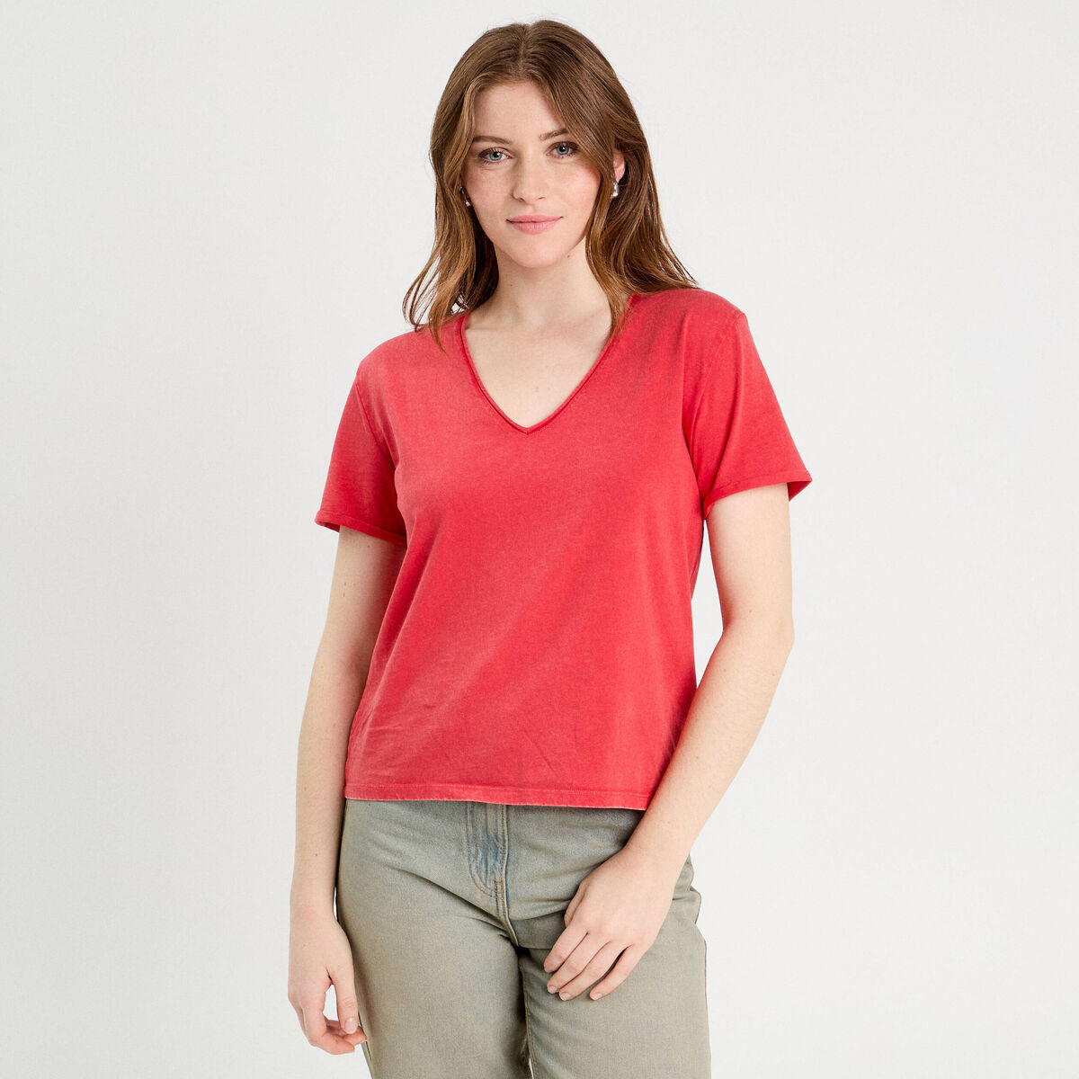 T-shirt col en V rouge femme