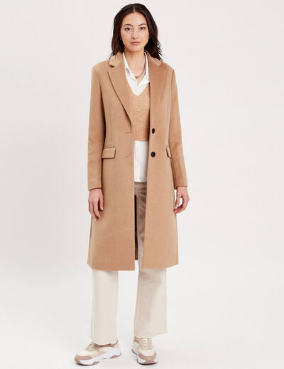 Manteau droit long boutonné camel femme
