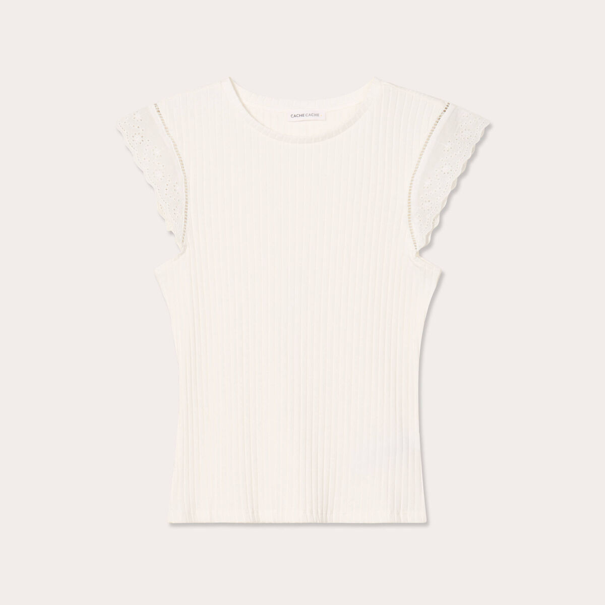 T-shirt côtelé manches courtes ecru femme