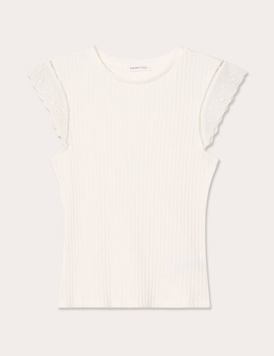 T-shirt côtelé manches courtes ecru femme