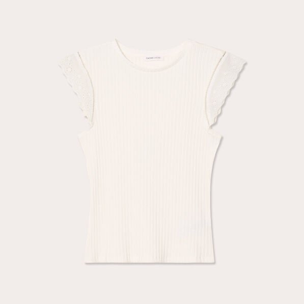 t shirt cotele manches courtes ecru femme T-shirt côtelé manches courtes ecru femme
