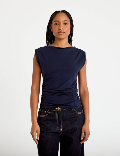 T-shirt ajust&eacute; col bateau sans manches bleu marine femme
