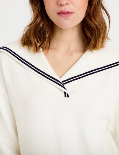 Pull col marin manches longues ecru femme