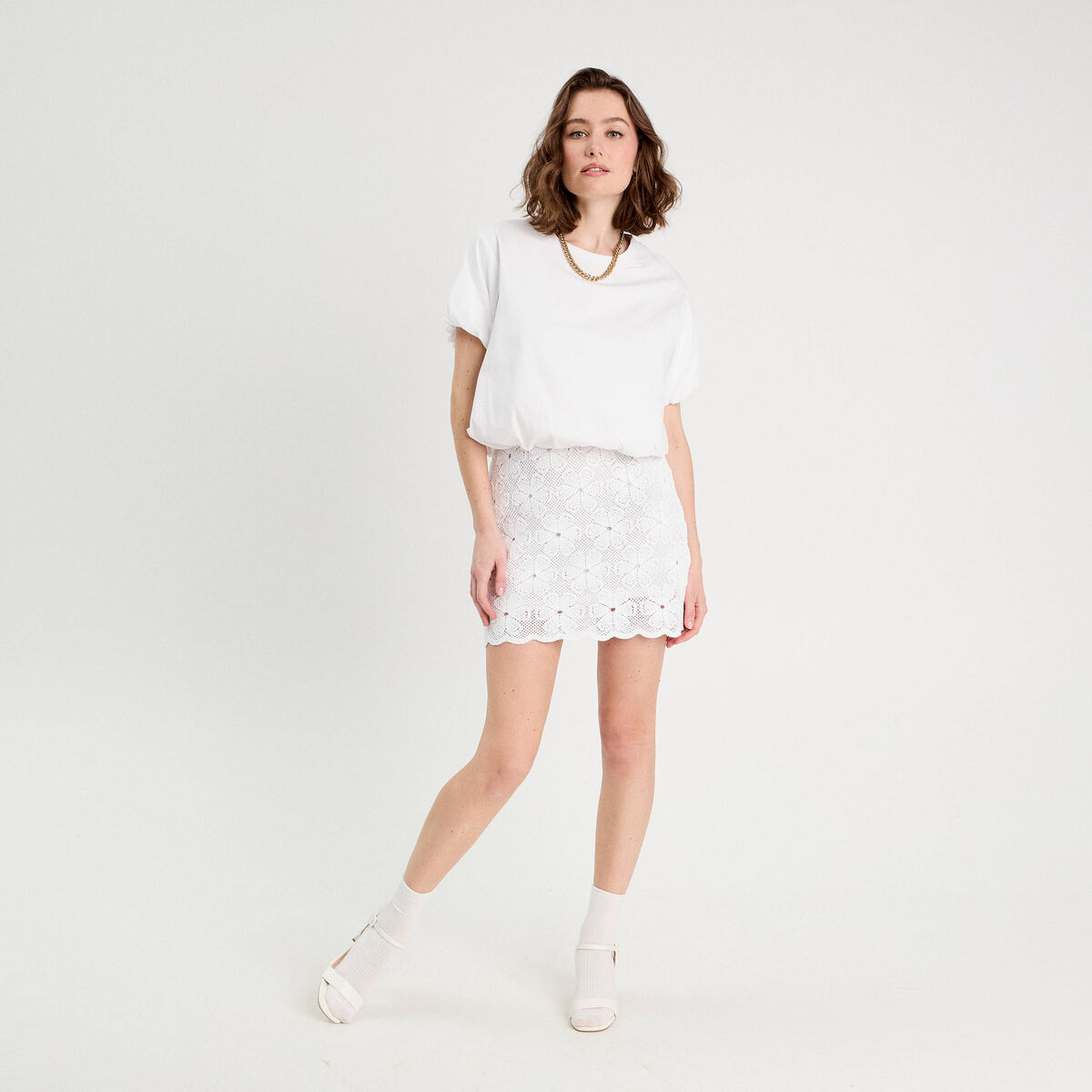Jupe évasée effet macramé blanc femme