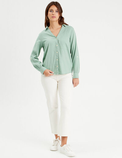 Chemise manches longues contenant du lin vert olive femme