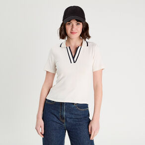Polo côtelé manches courtes ecru femme